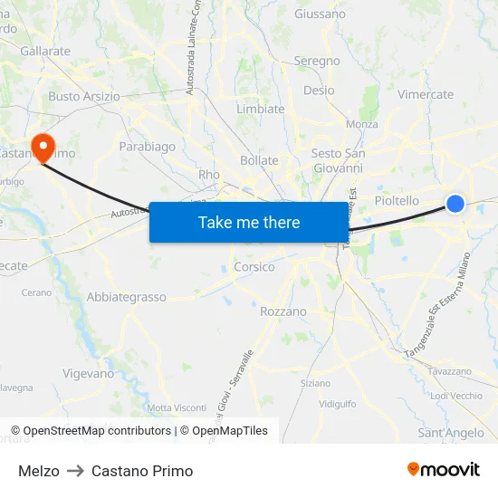 Melzo to Castano Primo map
