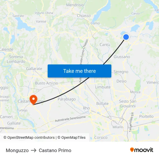 Monguzzo to Castano Primo map