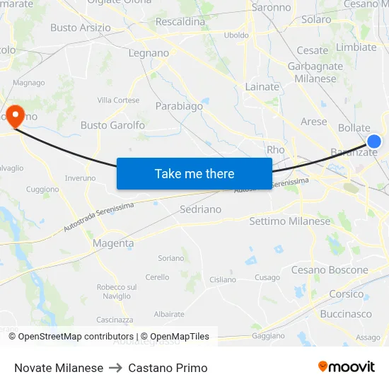 Novate Milanese to Castano Primo map