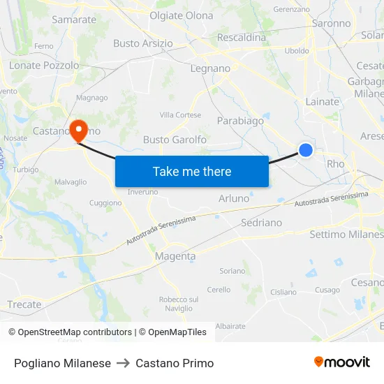 Pogliano Milanese to Castano Primo map