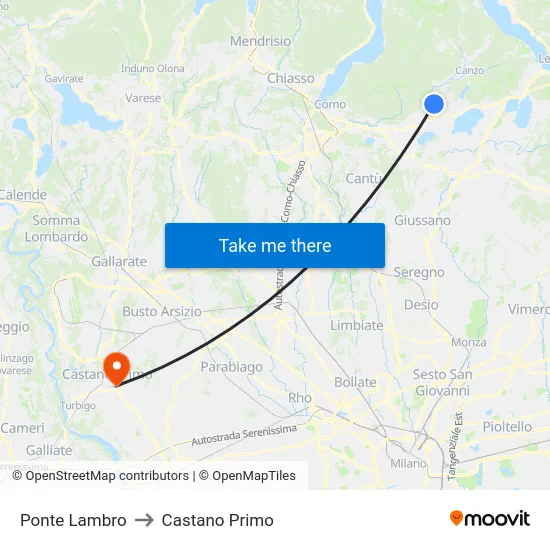 Ponte Lambro to Castano Primo map