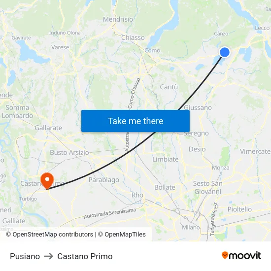 Pusiano to Castano Primo map