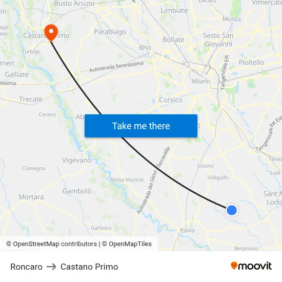 Roncaro to Castano Primo map