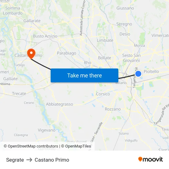 Segrate to Castano Primo map