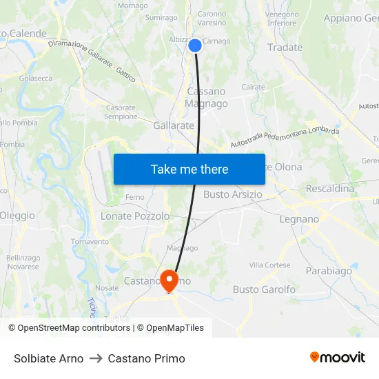 Solbiate Arno to Castano Primo map