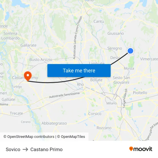 Sovico to Castano Primo map