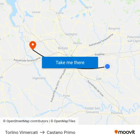 Torlino Vimercati to Castano Primo map