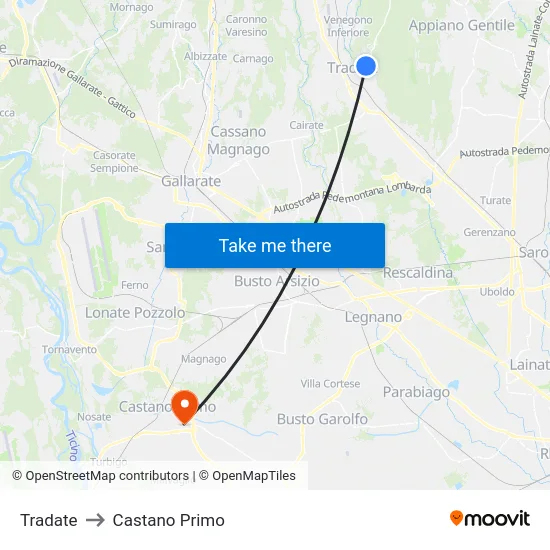 Tradate to Castano Primo map