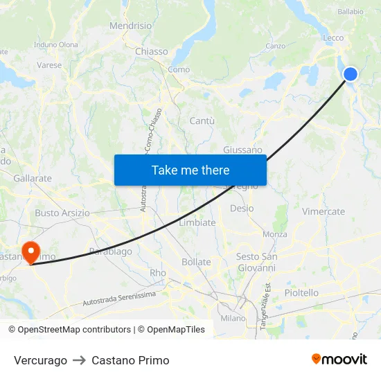 Vercurago to Castano Primo map