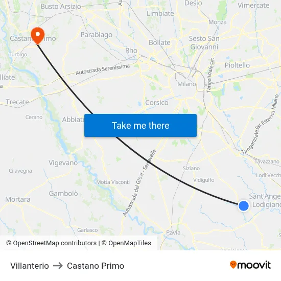 Villanterio to Castano Primo map