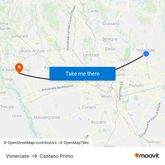 Vimercate to Castano Primo map