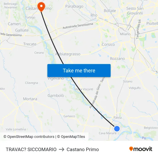 Travacò Siccomario to Castano Primo map