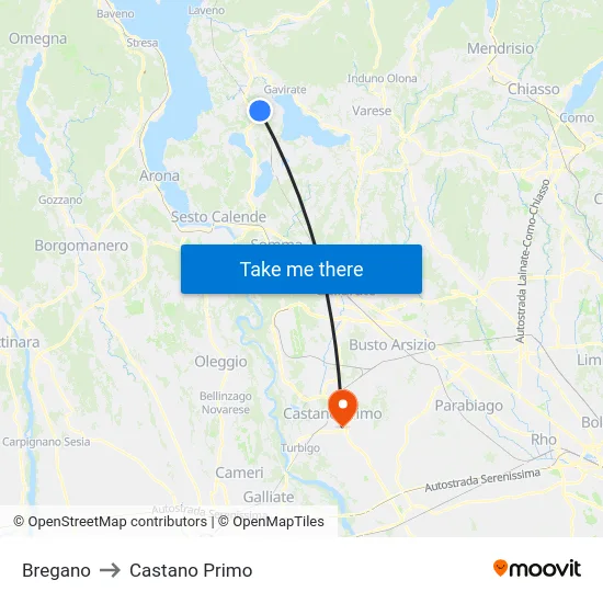 Bregano to Castano Primo map