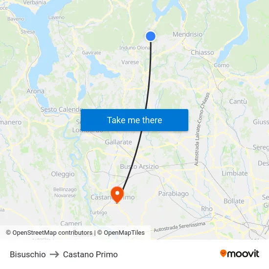Bisuschio to Castano Primo map