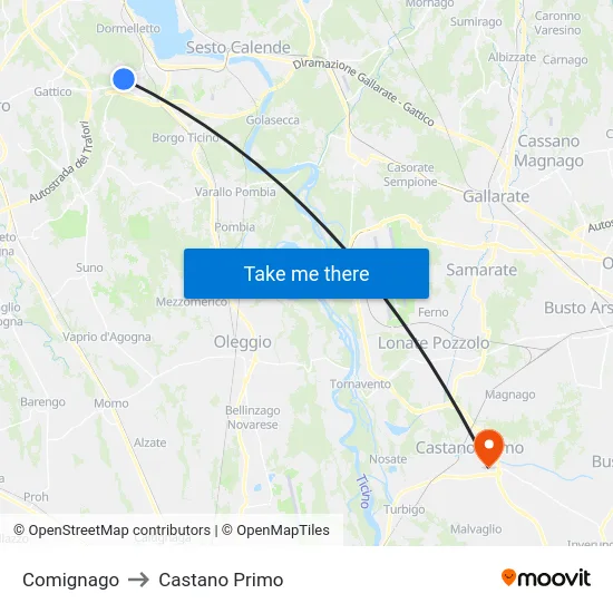 Comignago to Castano Primo map