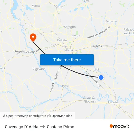 Cavenago D' Adda to Castano Primo map