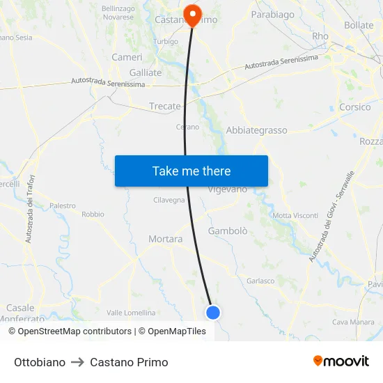 Ottobiano to Castano Primo map