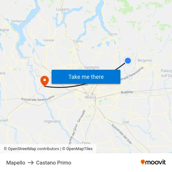 Mapello to Castano Primo map