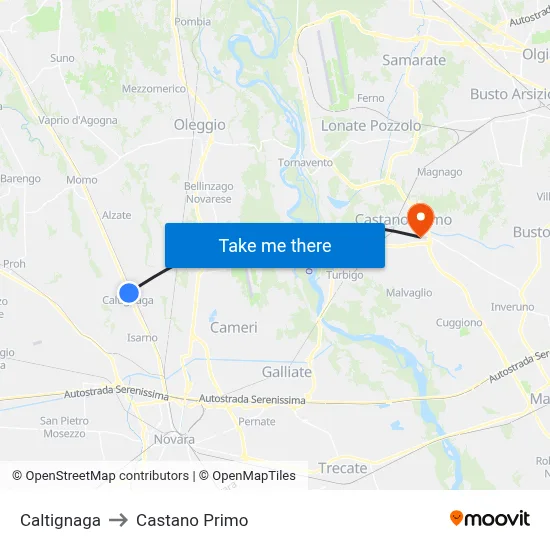 Caltignaga to Castano Primo map