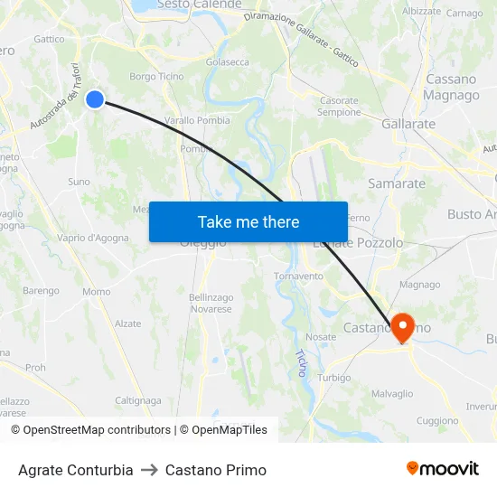 Agrate Conturbia to Castano Primo map