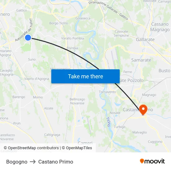 Bogogno to Castano Primo map