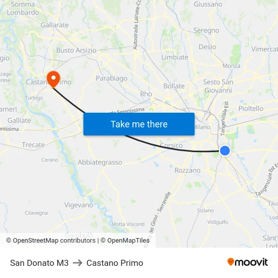 San Donato M3 to Castano Primo map