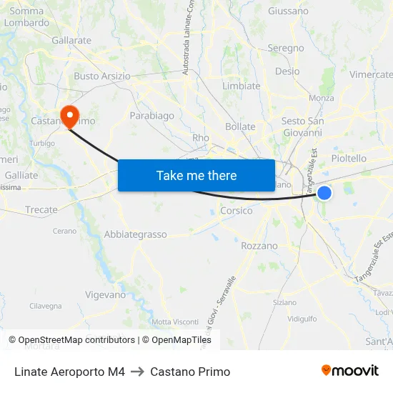 Linate Airport M4 to Castano Primo map