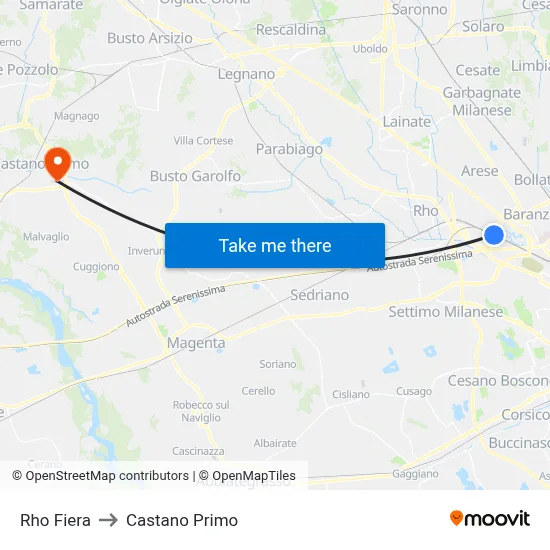 Rho Fiera to Castano Primo map