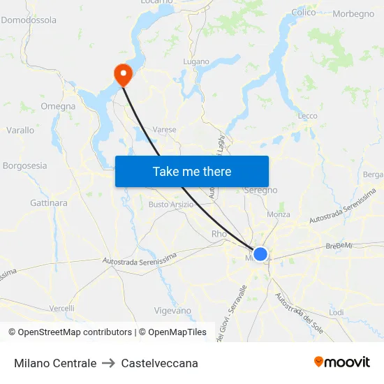 Milan Central to Castelveccana map