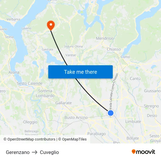 Gerenzano to Cuveglio map