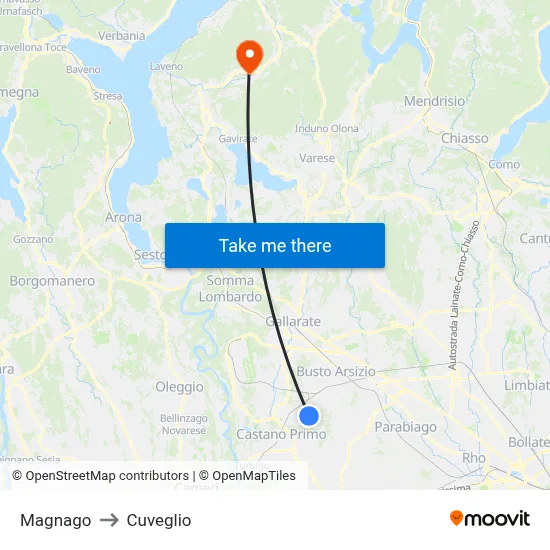 Magnago to Cuveglio map