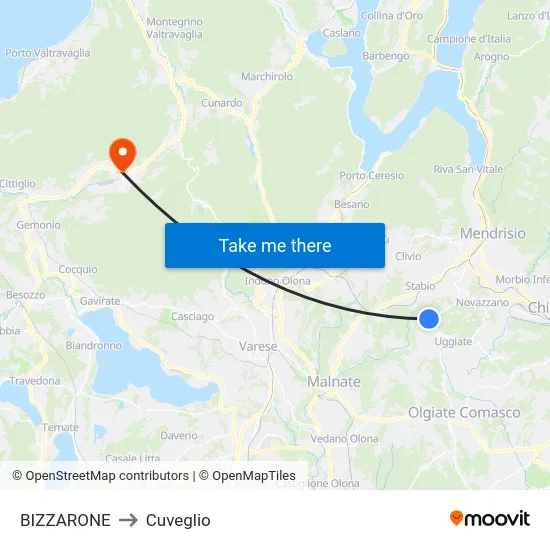 Bizzarone to Cuveglio map