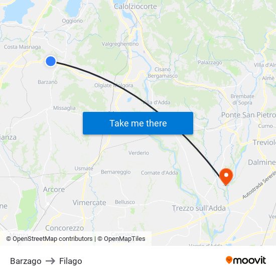 Barzago to Filago map