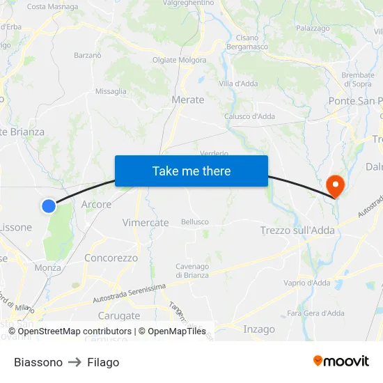 Biassono to Filago map