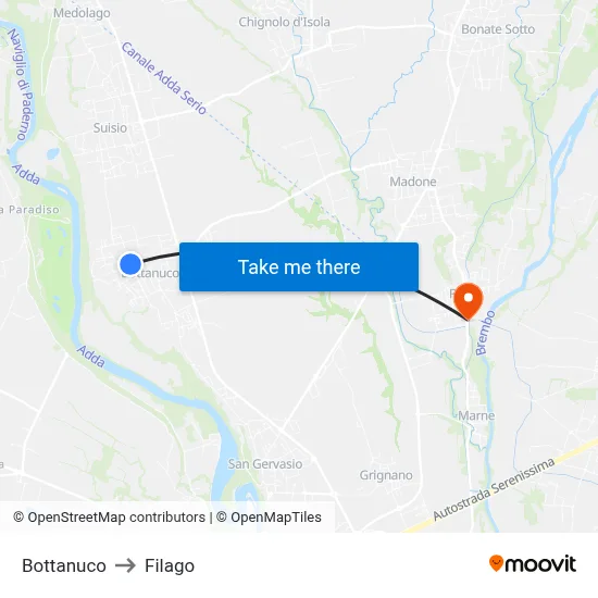 Bottanuco to Filago map