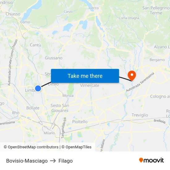 Bovisio-Masciago to Filago map