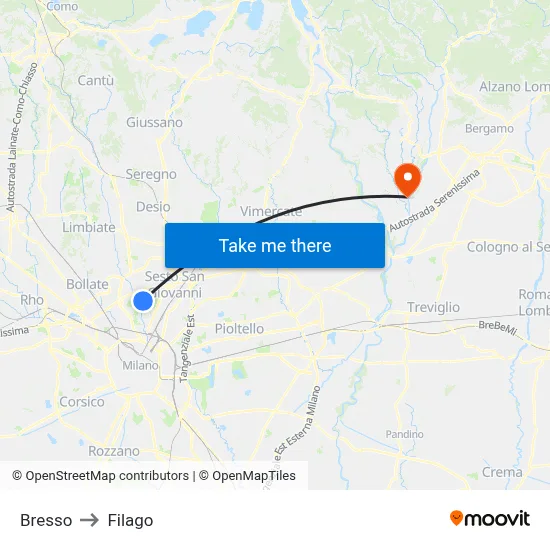 Bresso to Filago map