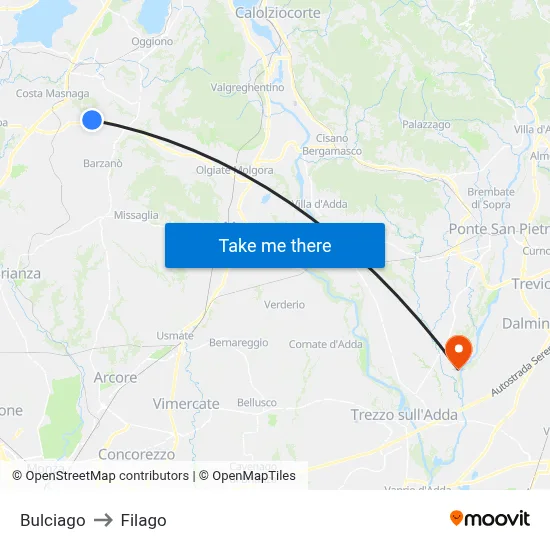 Bulciago to Filago map