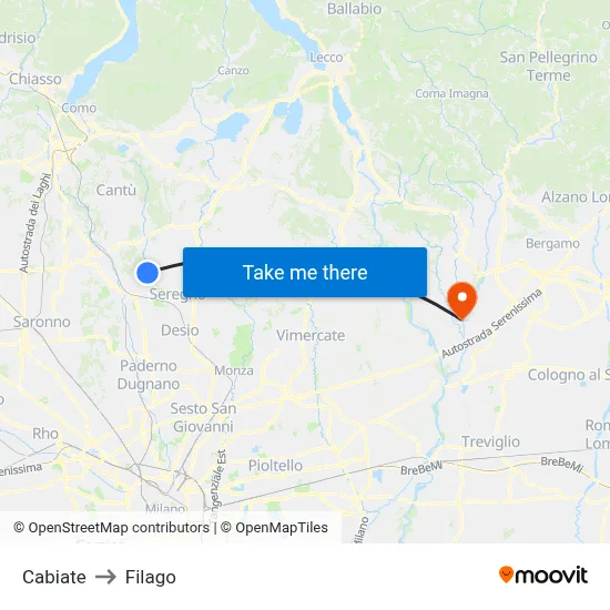 Cabiate to Filago map