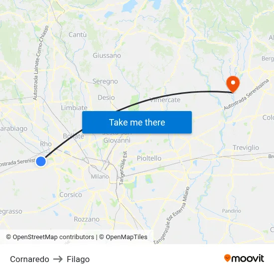 Cornaredo to Filago map