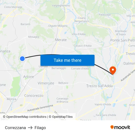 Correzzana to Filago map