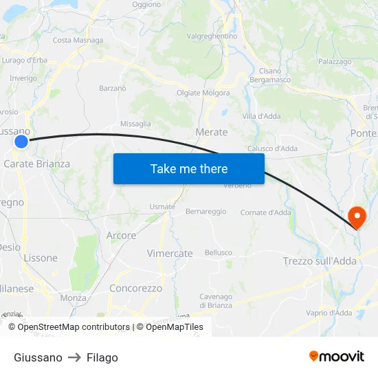Giussano to Filago map