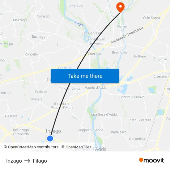 Inzago to Filago map
