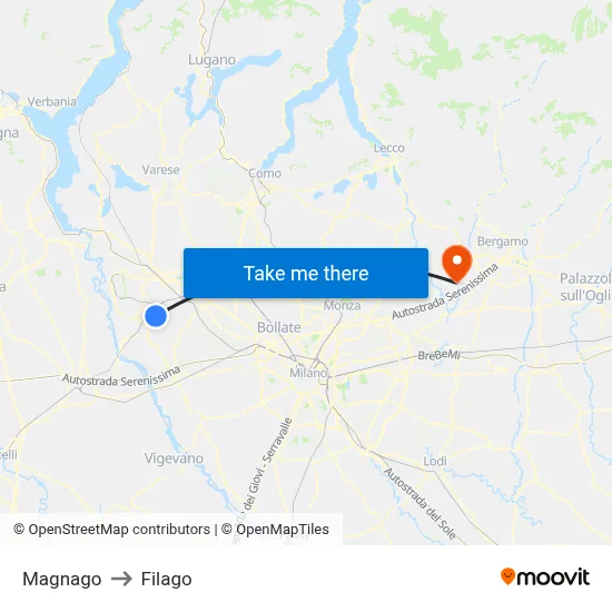 Magnago to Filago map