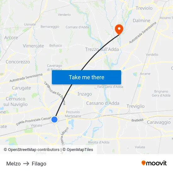Melzo to Filago map
