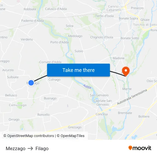 Mezzago to Filago map
