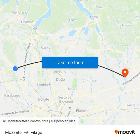 Mozzate to Filago map