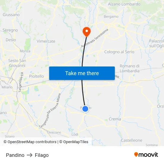 Pandino to Filago map