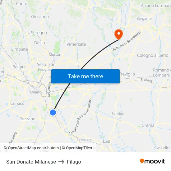 San Donato Milanese to Filago map