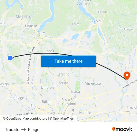 Tradate to Filago map